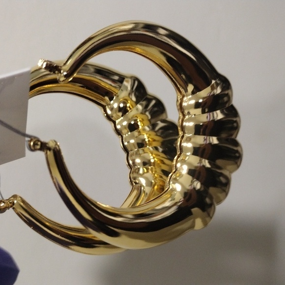 Women's Polished Gold tones, Circle Shape Designed Hoop Drop Earrings, 2.25", #4 - Picture 3 of 5